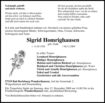 Traueranzeige von Sigrid Homrighausen von Tageszeitung