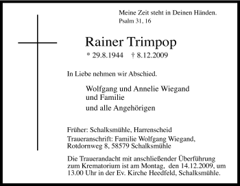 Traueranzeige von Rainer Trimpop von Tageszeitung
