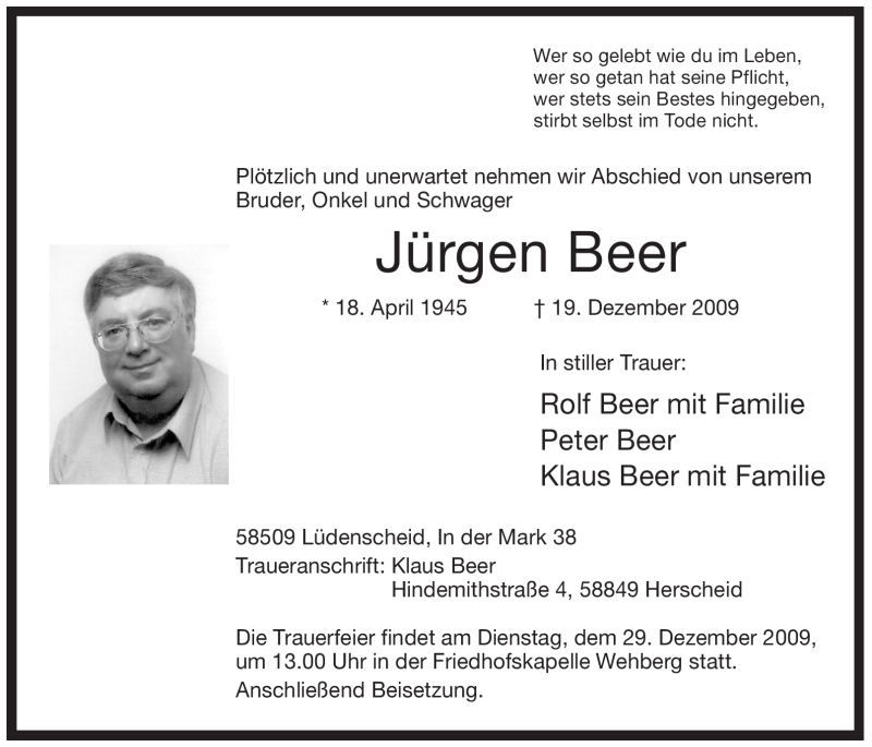  Traueranzeige für Jürgen Beer vom 23.12.2009 aus Tageszeitung