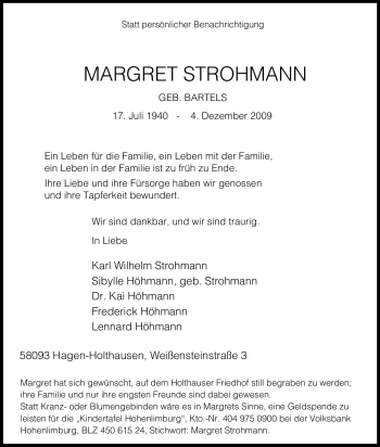 Traueranzeige von Margret Strohmann von Tageszeitung