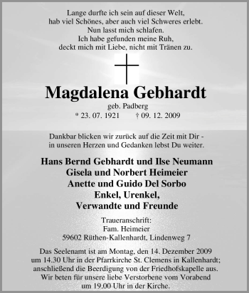 Traueranzeige von Magdalena Gebhardt von Tageszeitung