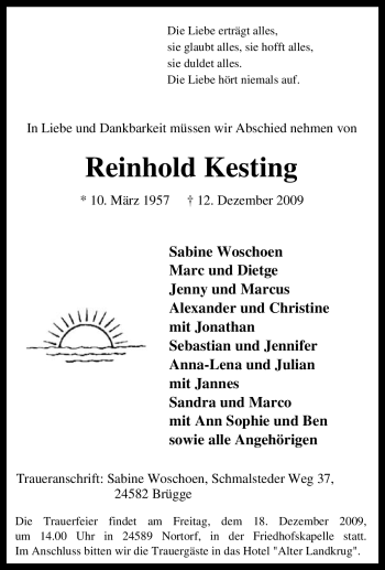 Traueranzeige von Reinhold Kesting von Tageszeitung