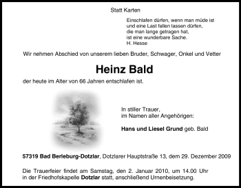 Traueranzeige von Heinz Bald von Tageszeitung