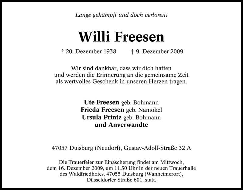  Traueranzeige für Willi Freesen vom 12.12.2009 aus Tageszeitung