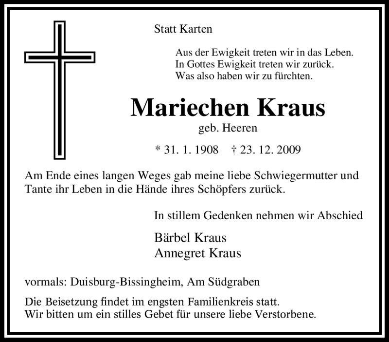  Traueranzeige für Mariechen Kraus vom 31.12.2009 aus Tageszeitung