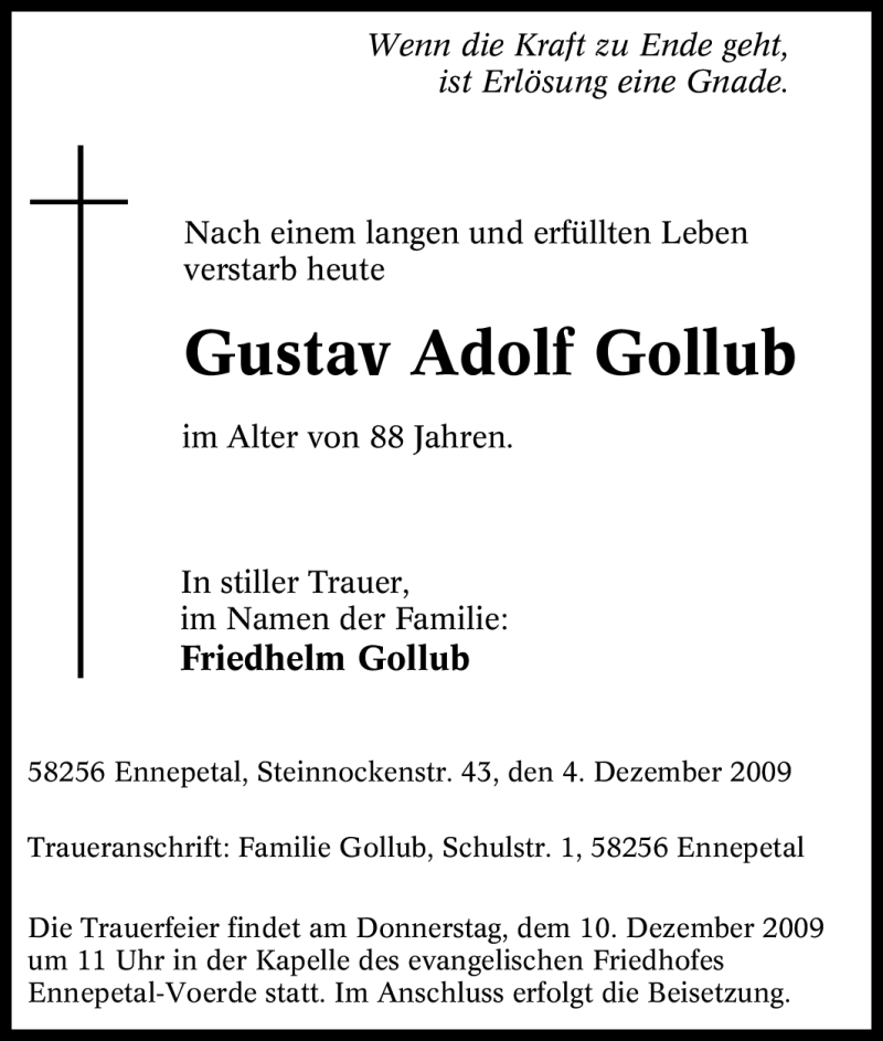  Traueranzeige für Gustav Adolf Gollub vom 08.12.2009 aus Tageszeitung