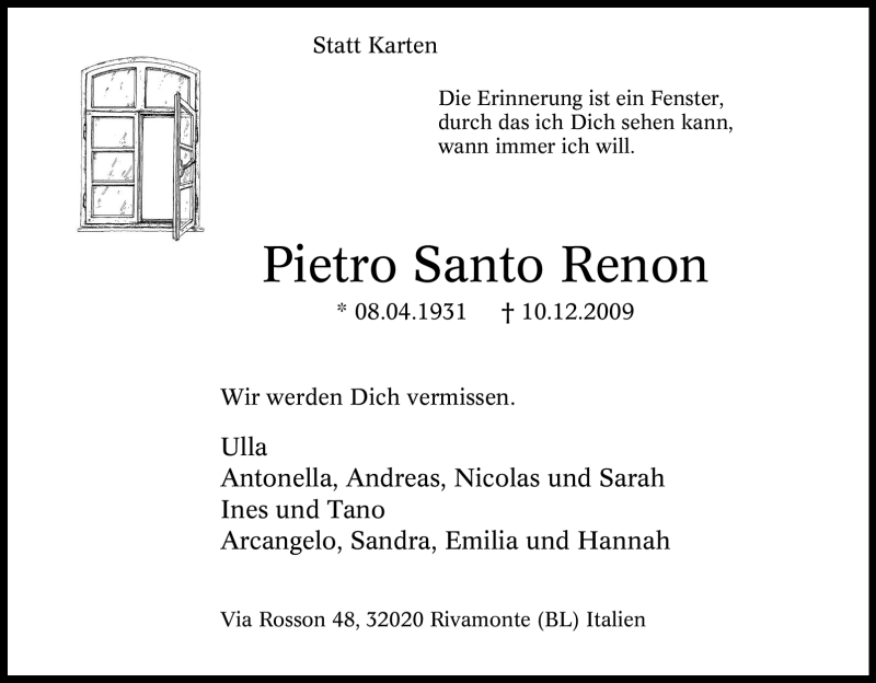  Traueranzeige für Pietro Santo Renon vom 12.12.2009 aus Tageszeitung