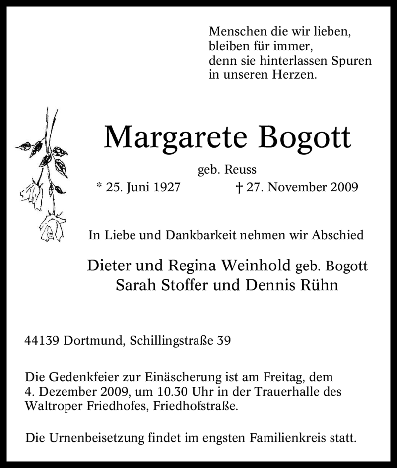  Traueranzeige für Margarete Bogott vom 01.12.2009 aus Tageszeitung