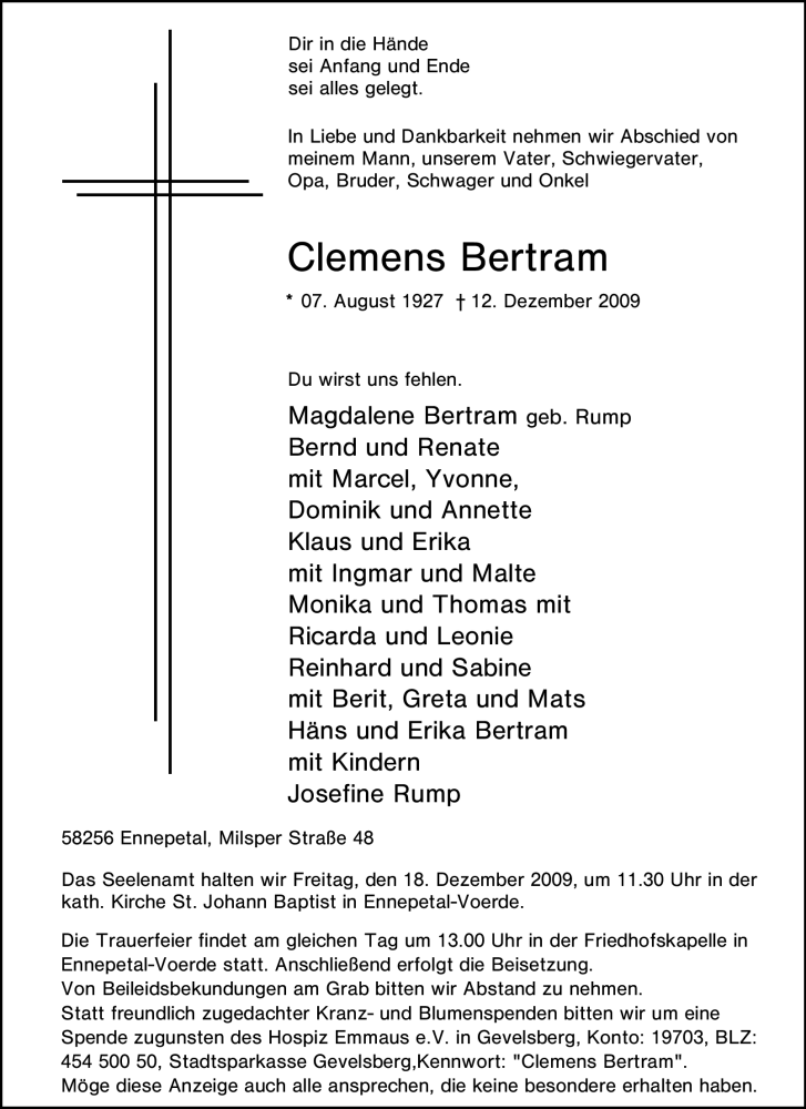  Traueranzeige für Clemens Bertram vom 15.12.2009 aus Tageszeitung