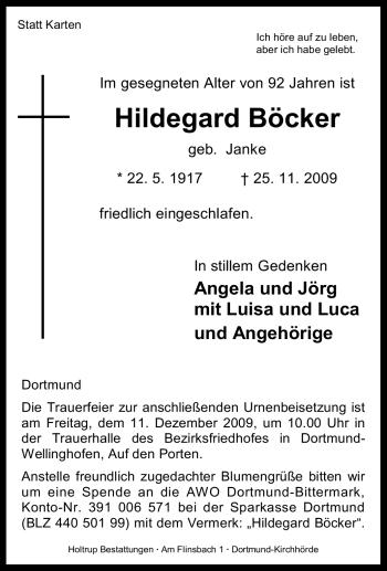 Traueranzeige von Hildegard Böcker von Tageszeitung