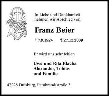 Traueranzeige von Franz Beier von Tageszeitung