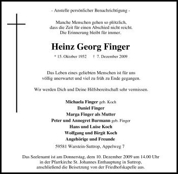 Traueranzeige von Heinz Georg Finger von Tageszeitung