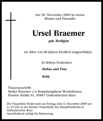 Traueranzeige von Ursel Braemer von Tageszeitung