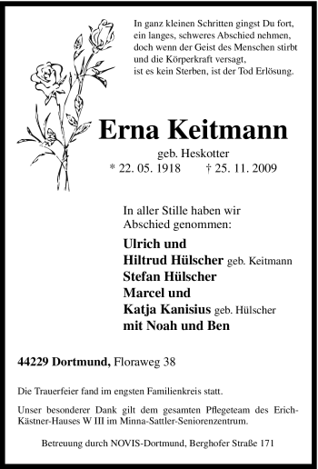 Traueranzeige von Erna Keitmann von Tageszeitung