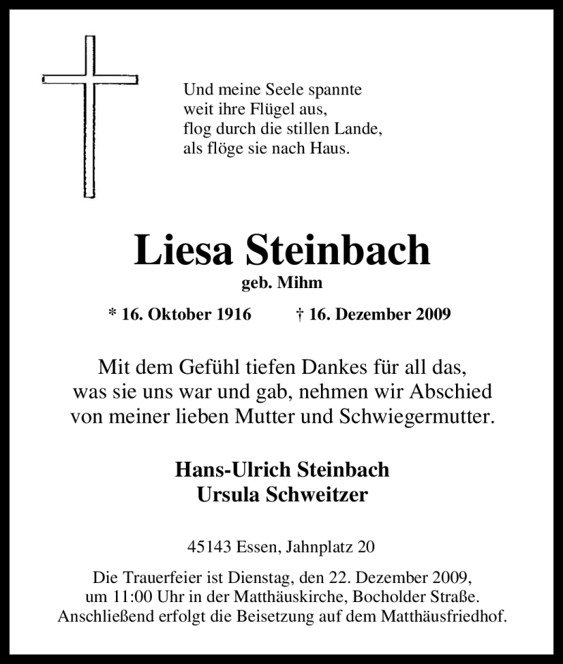 Traueranzeigen von Liesa Steinbach TrauerinNRW.de