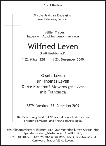 Traueranzeige von Wilfried Leven von Tageszeitung