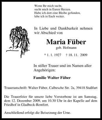 Traueranzeige von Maria Füber von Tageszeitung
