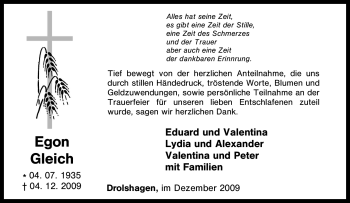 Traueranzeige von Egon Gleich von Tageszeitung