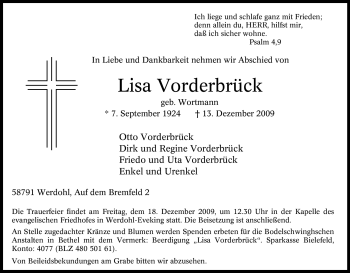 Traueranzeige von Lisa Vorderbrück von Tageszeitung