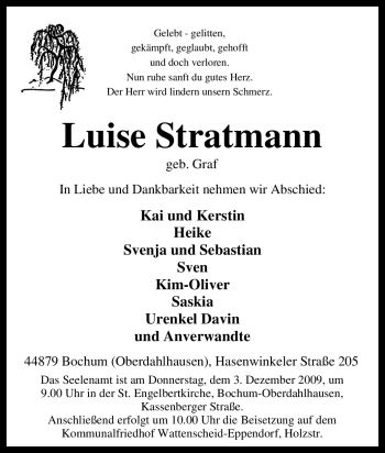 Traueranzeige von Luise Stratmann von Tageszeitung