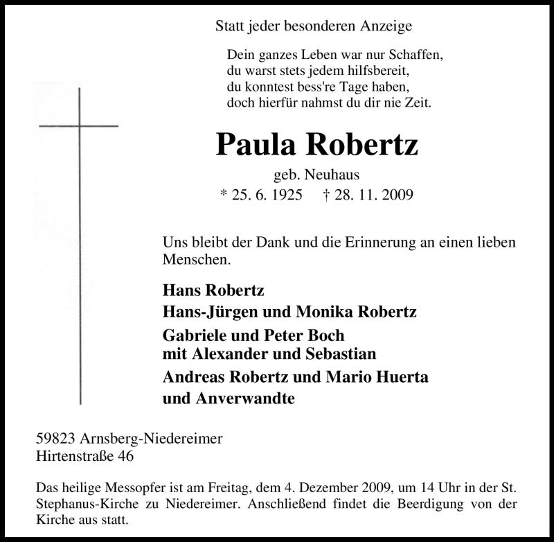  Traueranzeige für Paula Robertz vom 01.12.2009 aus Tageszeitung
