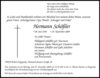 Traueranzeige von Hermann Schößler von Tageszeitung