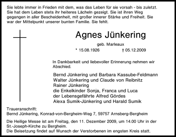 Traueranzeige von Agnes Jünkering von Tageszeitung