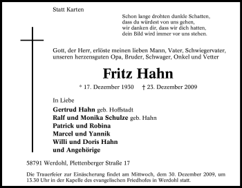 Traueranzeige von Fritz Hahn von Tageszeitung