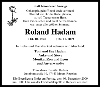 Traueranzeige von Roland Hadam von Tageszeitung