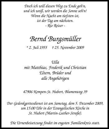 Traueranzeige von Bernd Burgsmüller von Tageszeitung