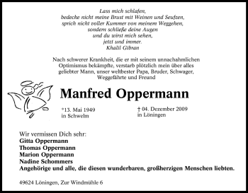 Traueranzeige von Manfred Oppermann von Tageszeitung