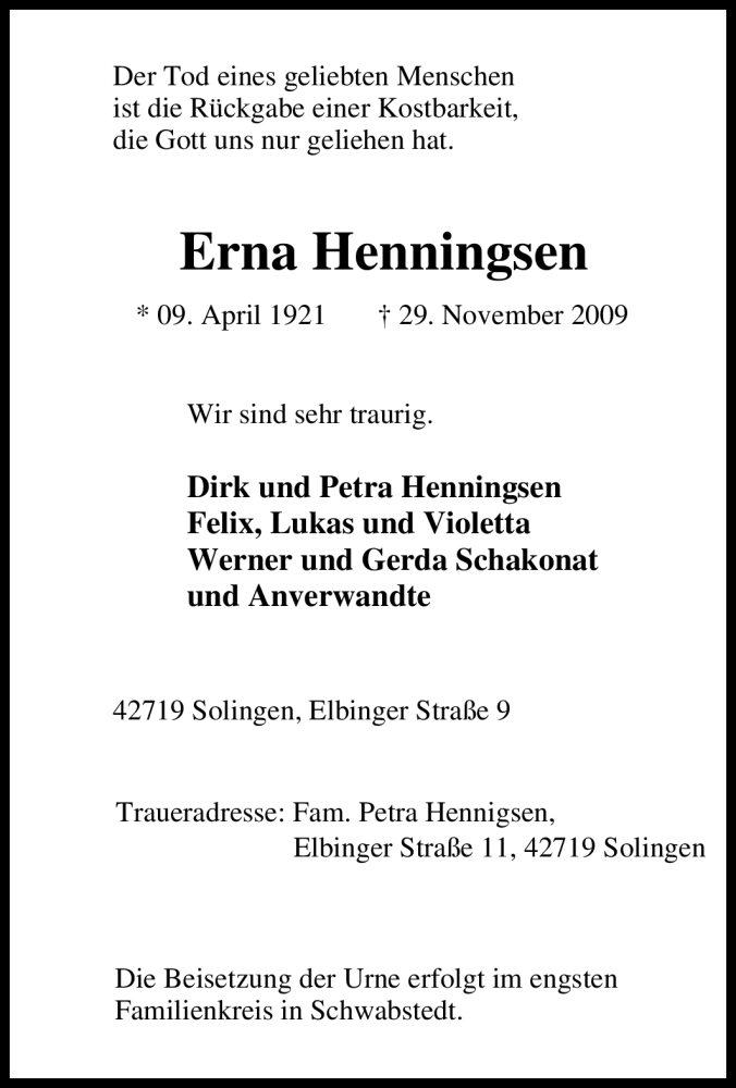  Traueranzeige für Erna Henningsen vom 05.12.2009 aus Tageszeitung