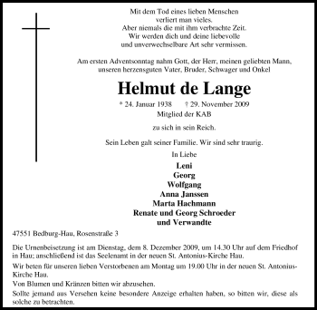 Traueranzeige von Helmut de Lange von Tageszeitung
