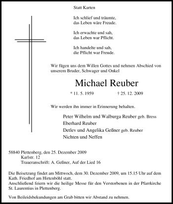 Traueranzeige von Michael Reuber von Tageszeitung