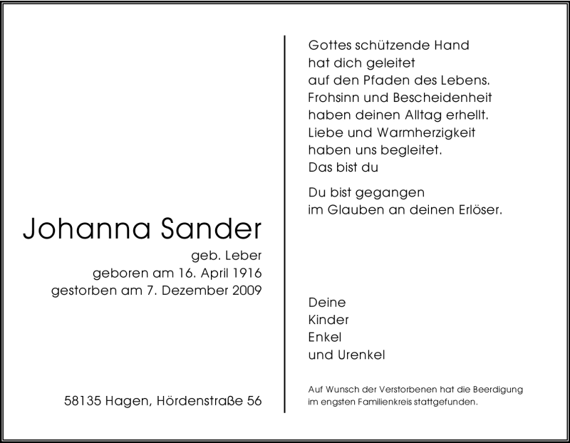  Traueranzeige für Johanna Sander vom 12.12.2009 aus Tageszeitung