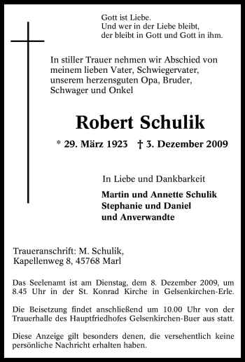 Traueranzeige von Robert Schulik von Tageszeitung