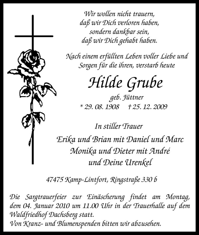  Traueranzeige für Hilde Grube vom 31.12.2009 aus Tageszeitung