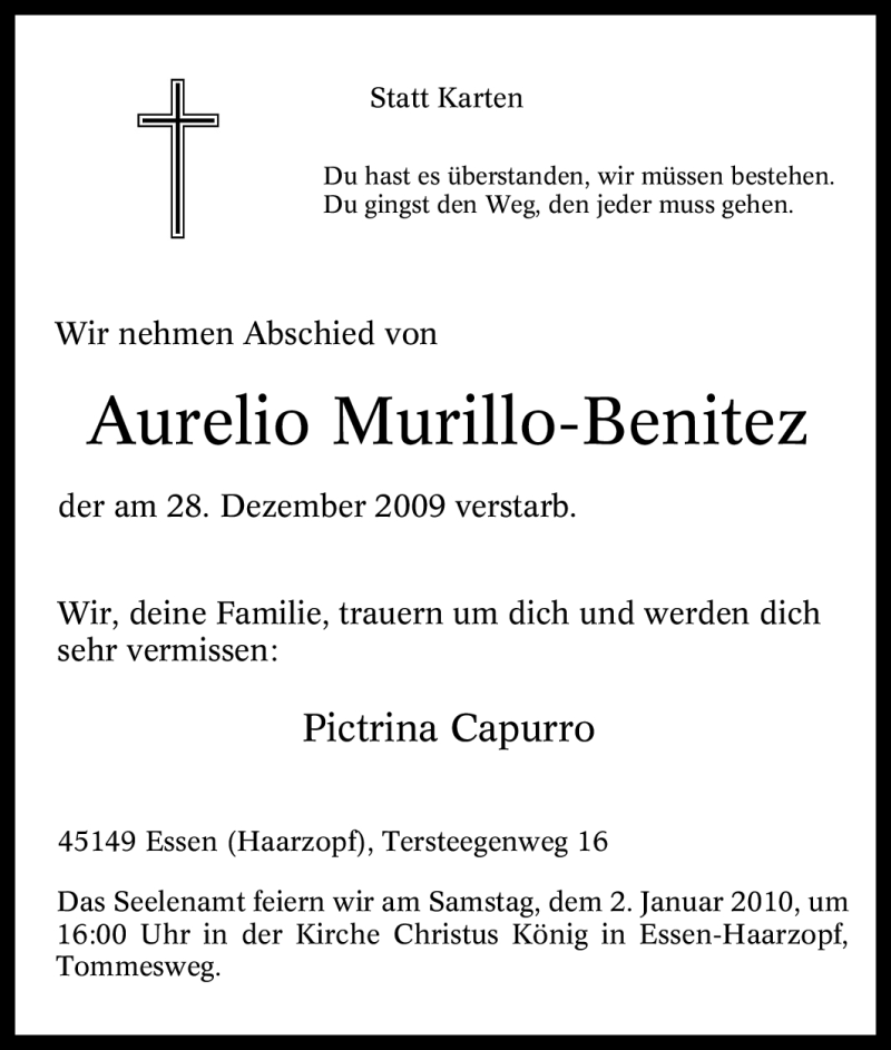  Traueranzeige für Aurelio Murillo-Benitez vom 30.12.2009 aus Tageszeitung