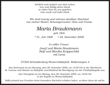 Traueranzeige von Maria Braukmann von Tageszeitung