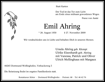 Traueranzeige von Emil Ahring von Tageszeitung