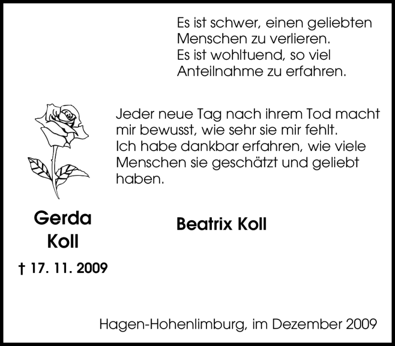  Traueranzeige für Gerda Koll vom 30.12.2009 aus Tageszeitung