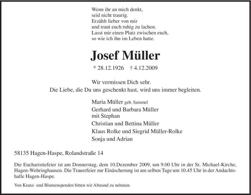  Traueranzeige für Josef Müller vom 08.12.2009 aus Tageszeitung