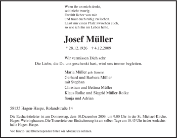 Traueranzeige von Josef Müller von Tageszeitung