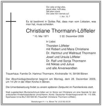 Traueranzeige von Christiane Thormann-Löffeler von Tageszeitung