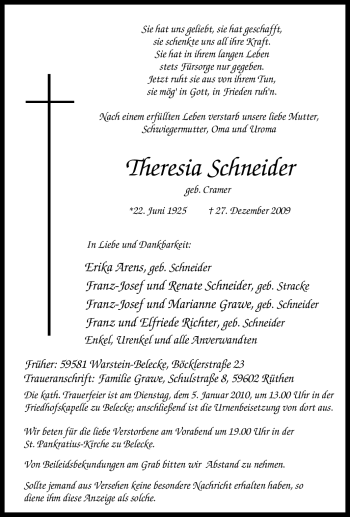 Traueranzeige von Theresia Schneider von Tageszeitung