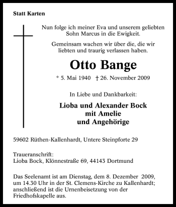 Traueranzeige von Otto Bange von Tageszeitung