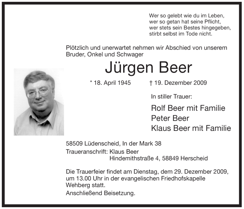  Traueranzeige für Jürgen Beer vom 24.12.2009 aus Tageszeitung