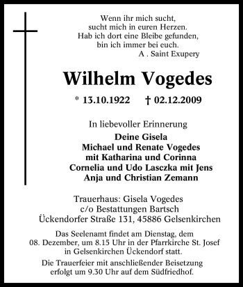 Traueranzeige von Wilhelm Vogedes von Tageszeitung