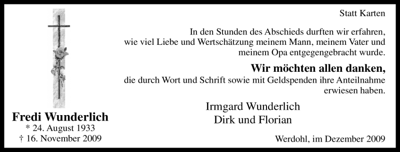  Traueranzeige für Fredi Wunderlich vom 29.12.2009 aus Tageszeitung