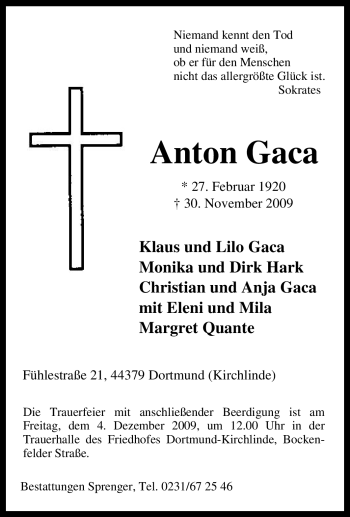 Traueranzeige von Anton Gaca von Tageszeitung